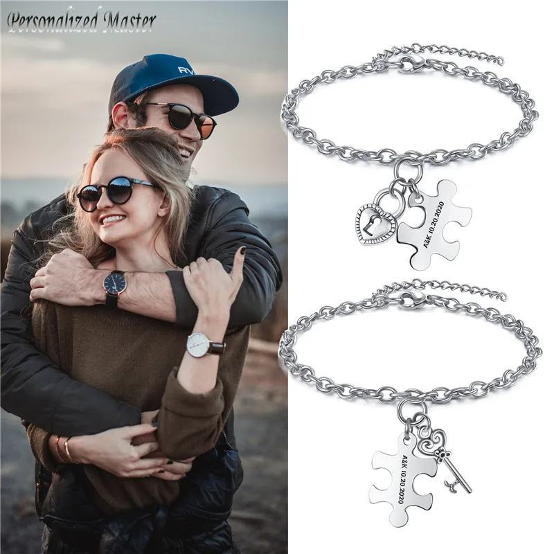 

Personalized Master Customized Name Puzzle Bracelet With Heart Key Couple Bracelets Stainless Steel Engrave Words Lover Bracelet