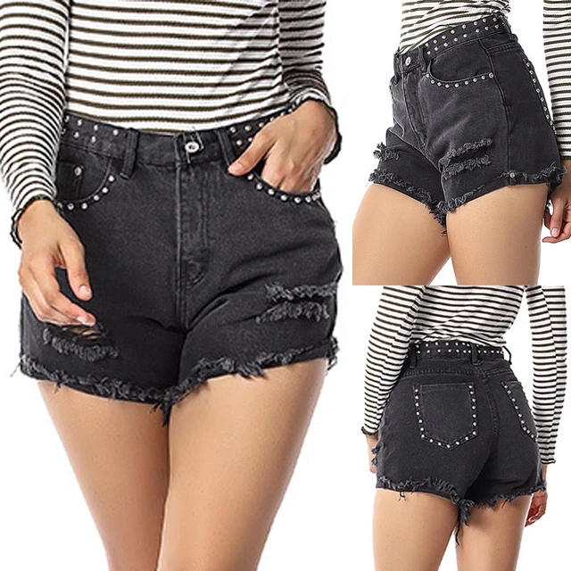 2020 verano negro rasgado Denim Shorts mujeres cintura alta Booty talla grande moda Sexy corto pantalones cortos Jeans - AliExpress