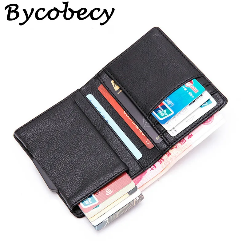 Bycobecy из искусственной кожи RFID мужской женский кошелек алюминиевая коробка Высокое качество Многофункциональный чехол для визиток Pop Up держатель для карт