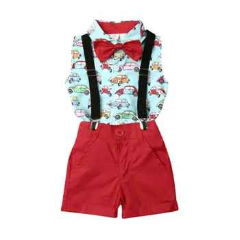 

Toddler Kids Baby Boy Clothes Set Summer Sleeveless Car Wedding Bowtie Gentleman T-shirt Bib Strap Shorts Suit Outfits 2PCs