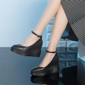 

Karinluna New Lesiure Platform Genuine Leather Skin Lady High Heels Summer Women Shoes Wedges ankle-strap Sandals Woman