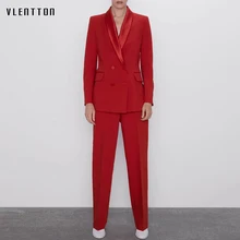Осень Для женщин брючный костюм красные элегантный двубортный Офисные женские туфли пиджаки куртка с брюки с молнией женские Двойка набор