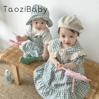 

Korean Children's Clothes Summer Boys And Girls' Plaid Thin Cotton Bodysuit Dress Brother And Sister Clothes Fisherman Hat