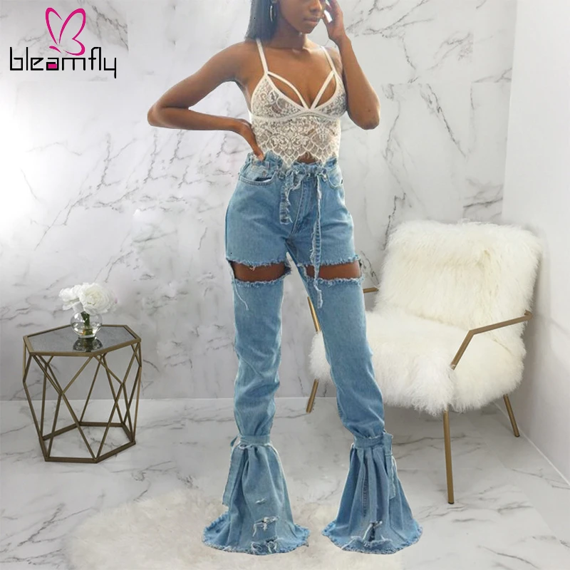 Fall Blue Denim Pants Women High Waist Flare Trousers Ripped Hole Slim Jeans Autumn Female Plus Size High Street Wear