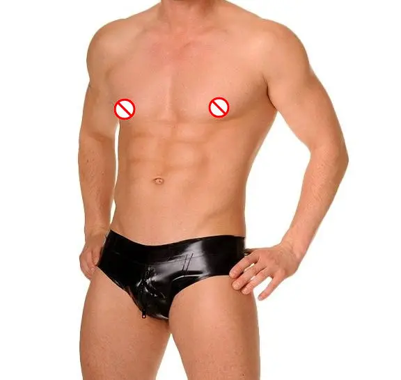 

Natural Latex Sexy Men Briefs Black Latex Fetish Underpants Underwear Through-crotch Zipper Briefs Male Fetish Wet Look Shorts