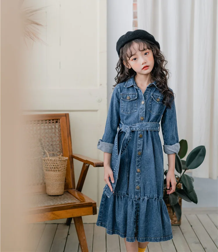 Коллекция года, осенние модные платья для отдыха для девочек Ковбойское платье с длинными рукавами для маленьких девочек, детское джинсовое хлопковое платье с поясом,#8016