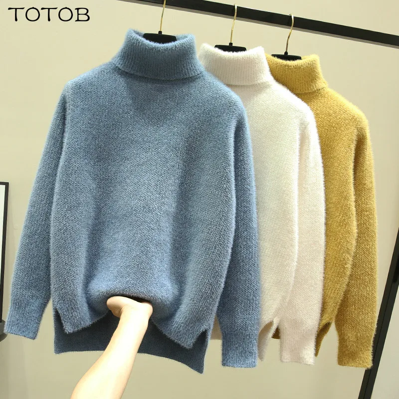 Женский вязаный свитер с высоким воротом зимняя одежда мягкий толстый теплый