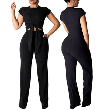 

Fashion Women's Sets Full Length Color Outfits Short Sleeve Fashion Ladies Casual 2pcs Strap Top Solid Pants O-Neck Female Set