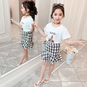 

Teens Fashion Clothes Set Plaid Mini Skirt + Short Sleeve Print T-Shirt Top Two-Piece Suit Children Baby Girl Clothes Set Summer