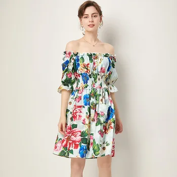 

Bohemian Personalized Fashion Dresses for Women Slash Neck Butterfly Sleeve A-Line Printed Half Holiday One Shoulder Short Skirt