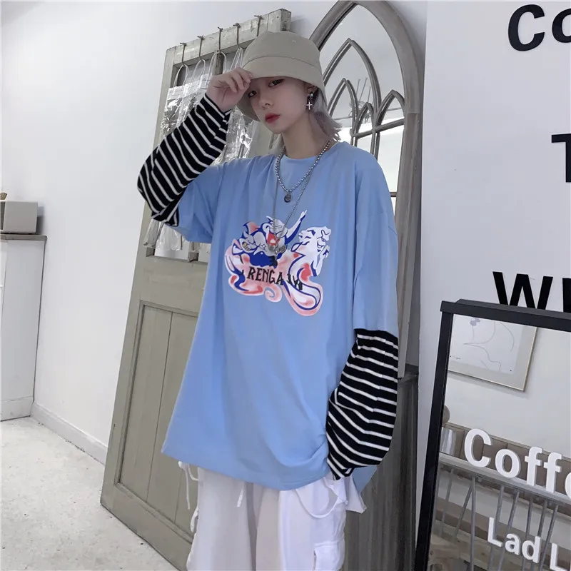 Lychee Harajuku, принт с привидениями, женская футболка, топ, футболка, в полоску, поддельные, 2 штуки, женские футболки, топы, футболки, пэчворк, с круглым вырезом, женские футболки