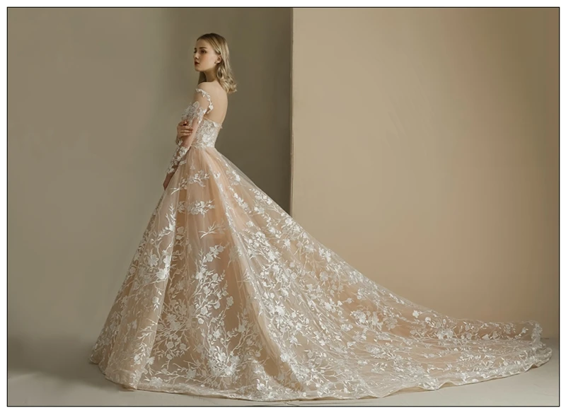 Цвета шампанского, с длинными рукавами торжественное платье Vestido de Festa аппликации Платье трапециевидной формы развертки поезд свадебное платье на шнуровке, на шнуровке, стильная дорожная фотография Свадебное платье