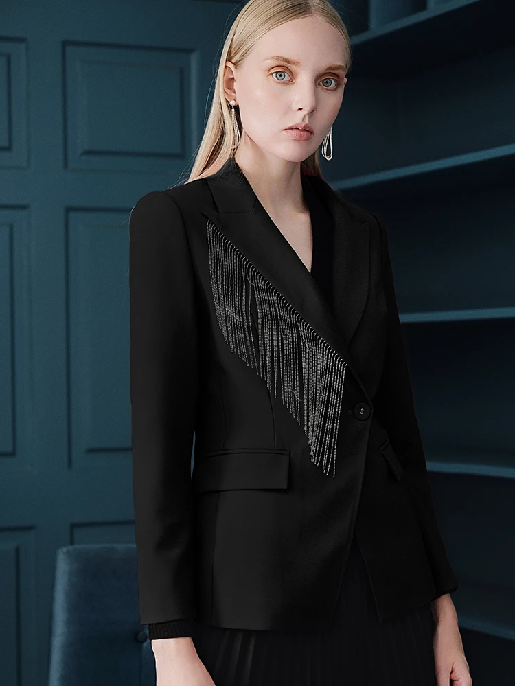 Classic Slim Fit Women Blazer Notched Collar Female Suits Coat Fashion Autumn Winter Runway Tassel Design Red Black Jacket