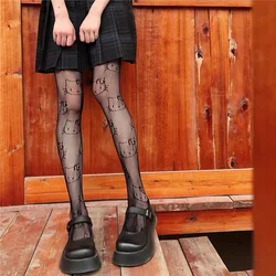 Summer Punk Hottie Black Anime Pantyhose KT Cat Pattern Fishnet Stockings Ins Style Harajuku Hosiery Nylon Women's Lolita Tights