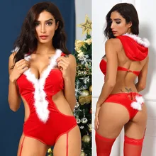 Рождественские костюмы для секса, женское сексуальное нижнее белье с открытой спиной, эротическое нижнее белье с капюшоном и плюшевой подкладкой, Порно сексуальный бюстгальтер с подвязками