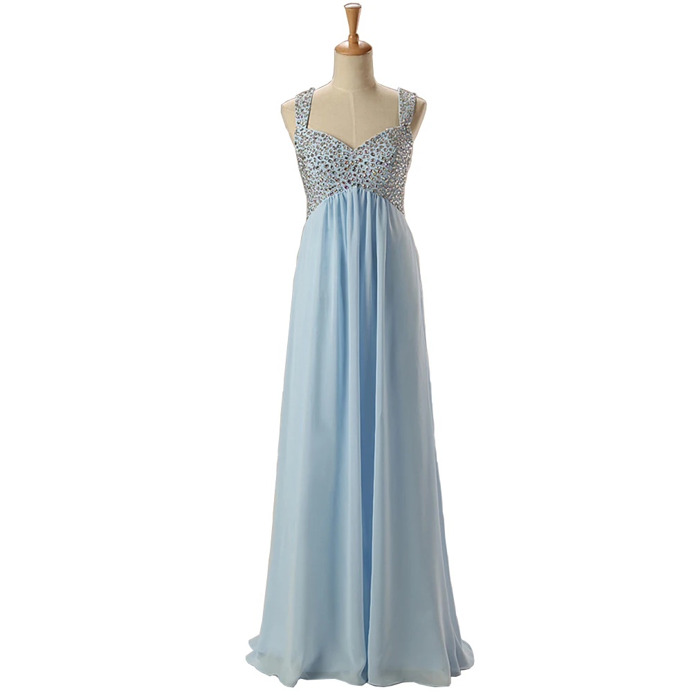 

New Blue Beading Sexy Back Evening Dresses Long Chiffon A-line Prom Gown robe de soirÃ©e de mariage