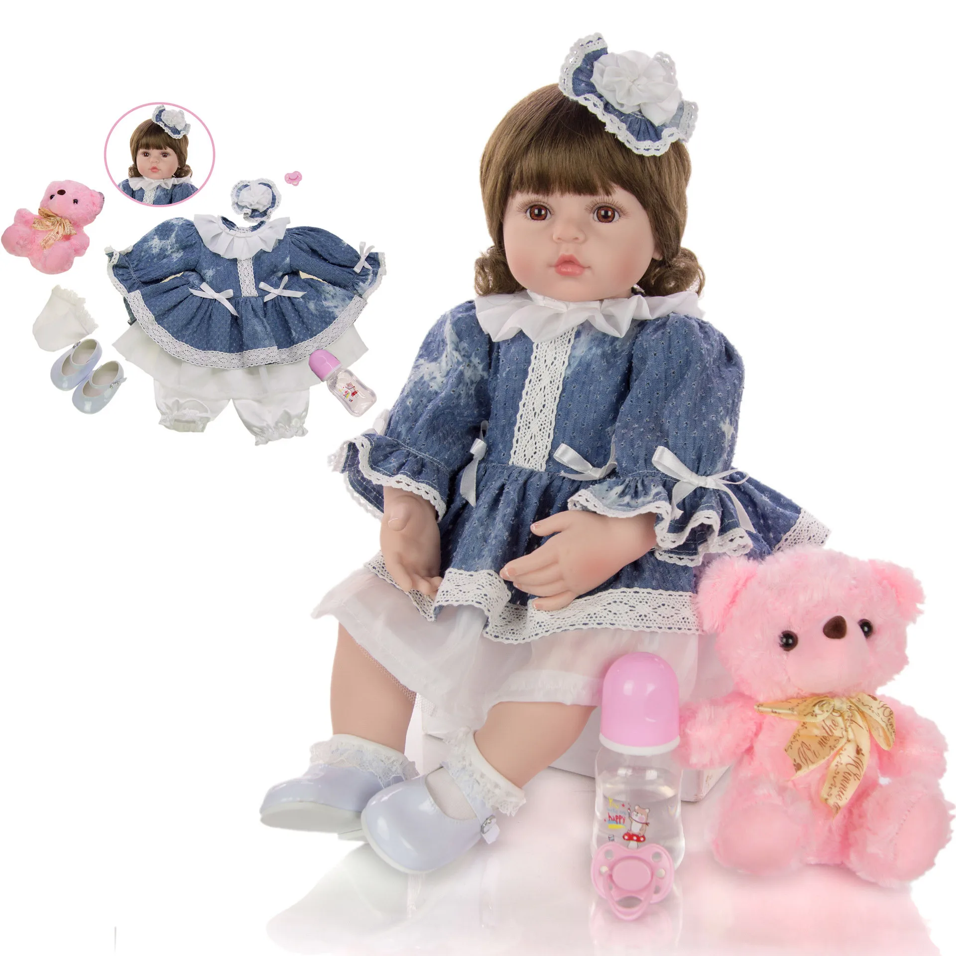 

24inch 60cm Reborn Baby Doll Silicone Bebe reborn Bonecas Lifelike Realistic Alive Baby Menina curly hair doll gift