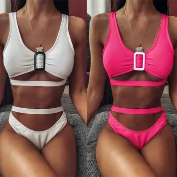

Womens 2pcs Bikini Sets New Solid Color High Waist Swimsuit Female Summer Swimwear Beach Bathing Ladies' Suit Swimming Suit Hot
