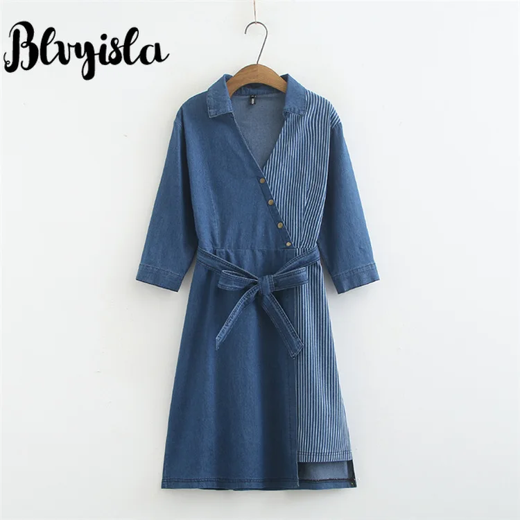 

Blvyisla 5XL Deep V Denim Dress Female Striped Stitching Loose Dresses Women Irregular Autumn Bottom Vestidos