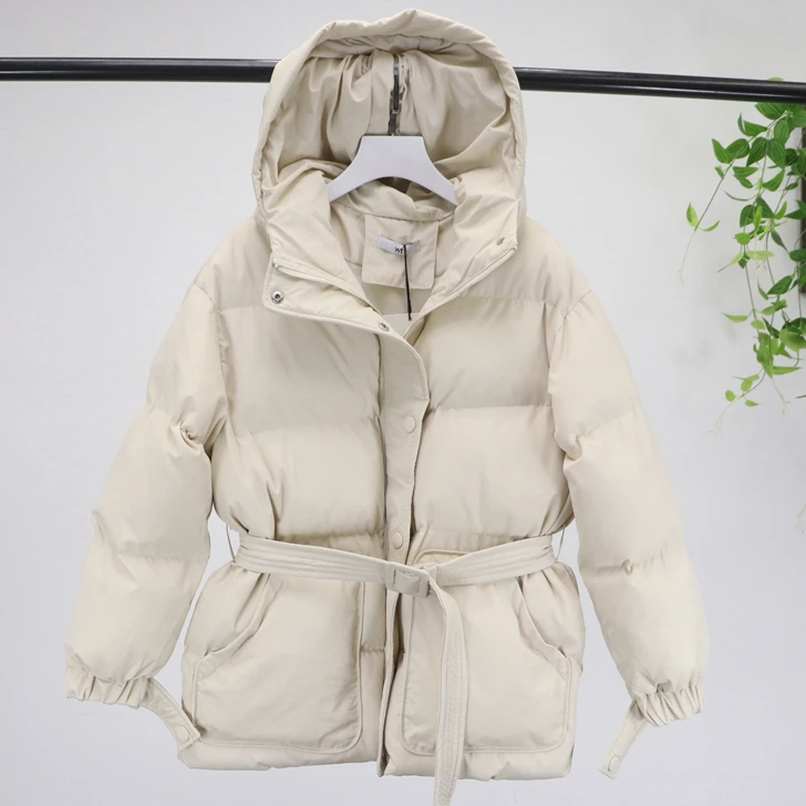 Korobov Korean Solid Long Sleeve Hooded Women Parkas Sashes Lacing Adjustable Zipper Winter Coat Female Pockets Coats 79003