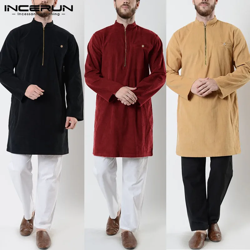 INCERUN, индийский костюм, винтажные мужские длинные рубашки с длинным рукавом, Ретро стиль, воротник-стойка, одноцветные рубашки, Мужская мусульманская одежда на молнии