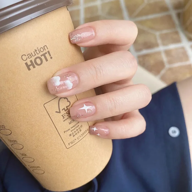 Short Round Fake Nails Star Clouds Press On False Nail Tips with Designs Set Bow French Nail Art Decoration Manicure Tools Short Round Fake Nails Star Clouds Press On False Nail Tips with Designs Set Bow French Nail Art Decoration Manicure Tools