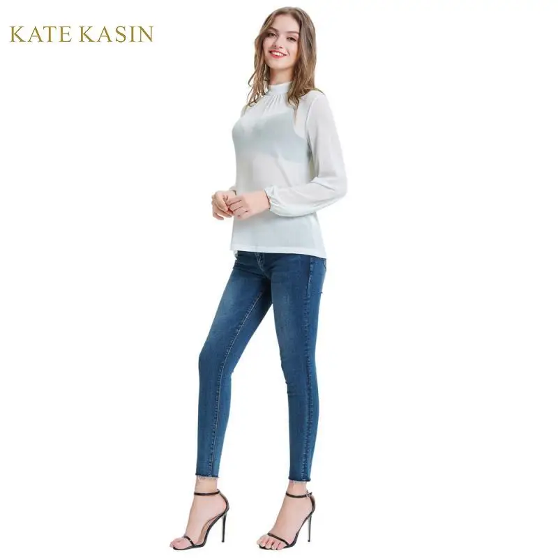 Kate Kasin/пикантные женские футболки прозрачные однотонные топы с длинными рукавами, тонкие женские вечерние футболки с высоким воротом
