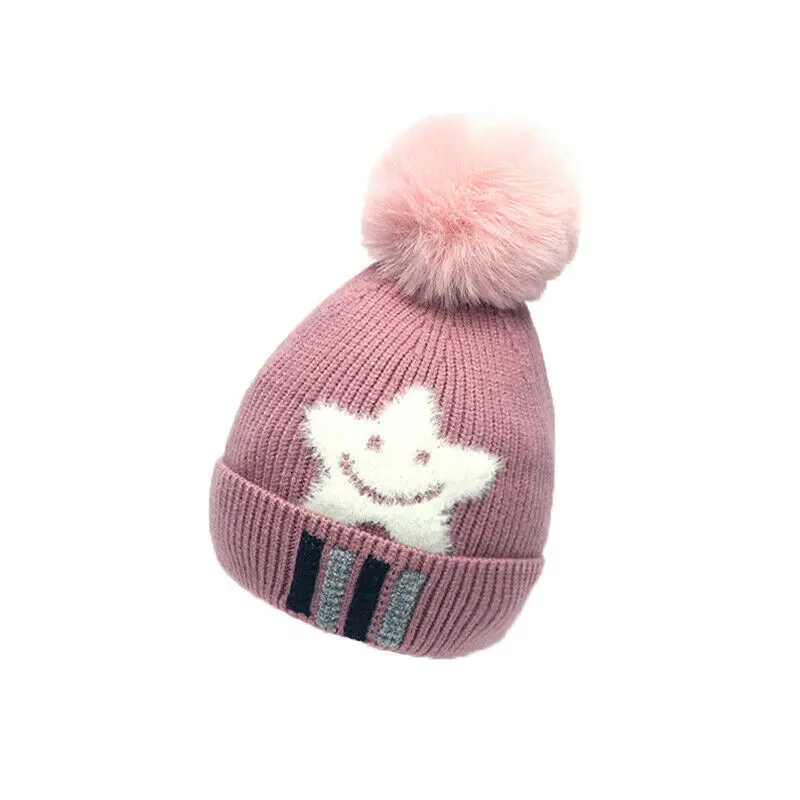 Toddler Star Knit Hats Kids Girl Boy Baby Winter Warm Crochet Knit Hat Children Ski Beanie Cap - Color: Pink