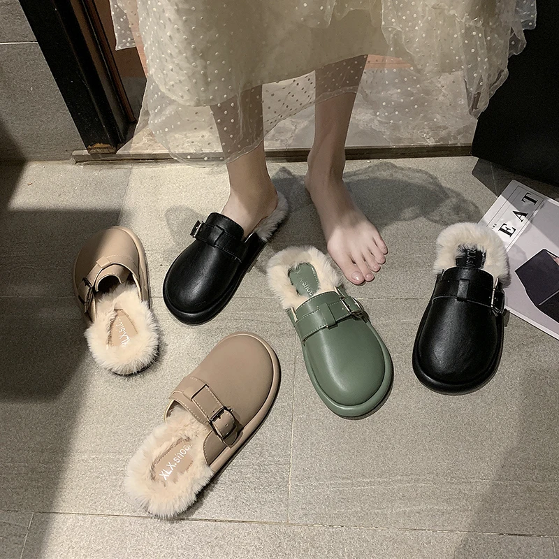 Женские зимние плюшевые сандали на ремешке с закрытым носком на плоской подошве с пряжкой однотонные шлепанцы с круглым носком удобные повседневные Вьетнамки
