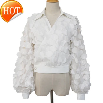 

V Patchwork Women Sequined Shirts Neck Lantern Long Sleeve Tunic Irregular Blouse