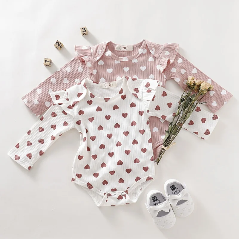 

Autumn Infant Twin Outfits Boy Girl Baby Long Flare Sleeve Heart Print Rompers Kids Girls Bodysuit Jumpsuit Clothes