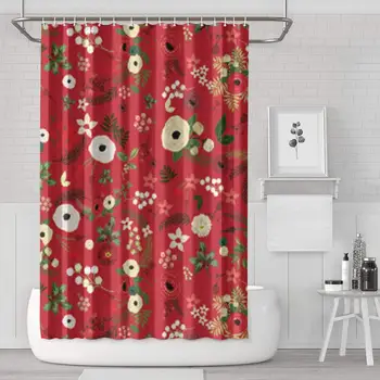 

Vintage Christmas Floral Red Shower Curtain Bath Curtain Set Polyester Cloth Classical Pattern Soft Protective Space Bathroom