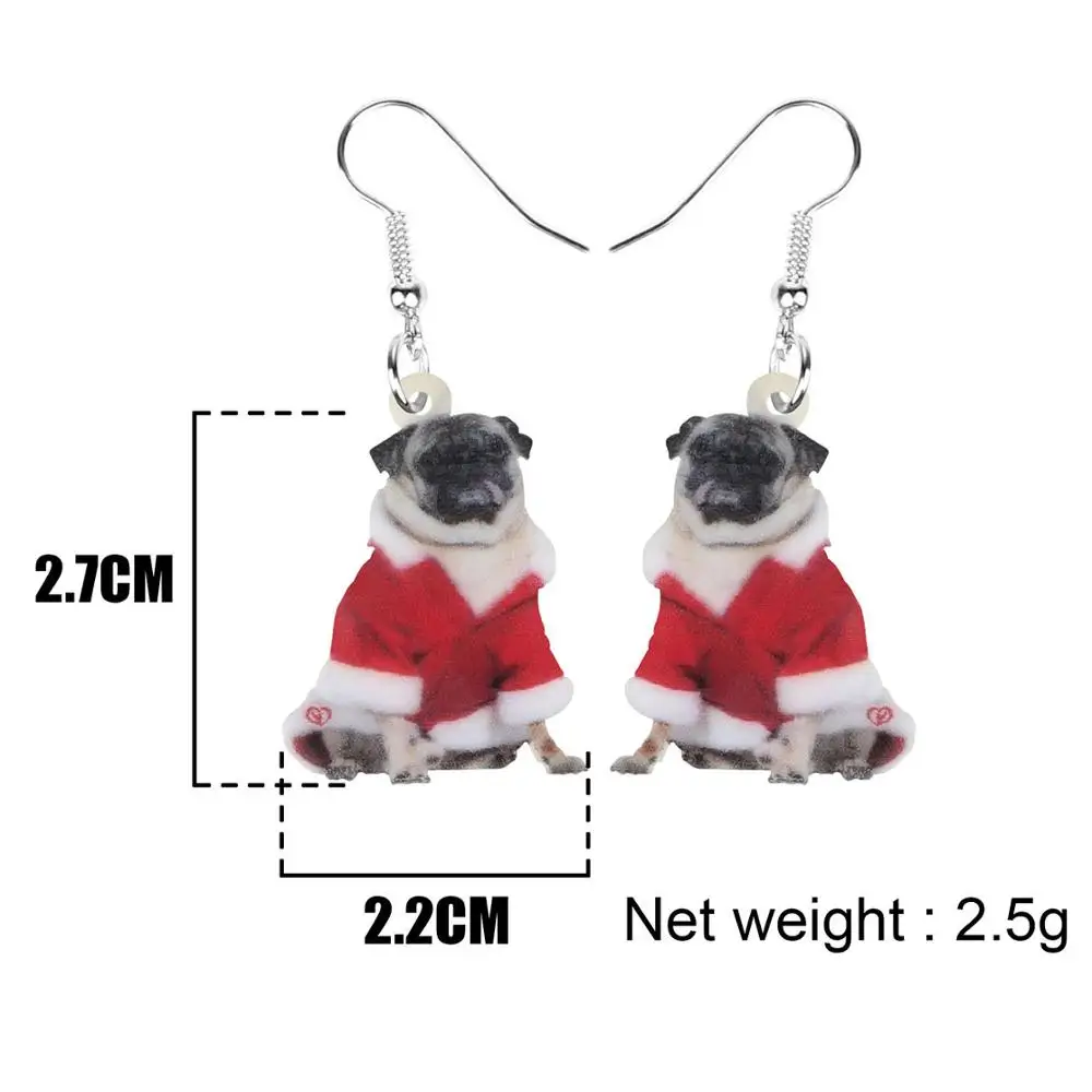 WEVENI Acrylic Christmas Costume Pug Dog Earrings Drop Dangle Animal Jewelry Accessory For Women Girls Teen Kid Party Charm Gift