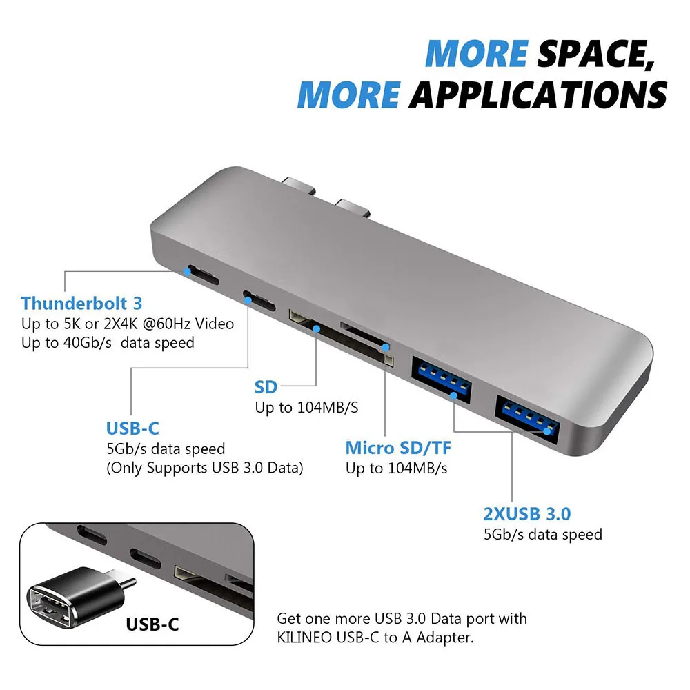 Typ-C 6в1 USB 3,0 концентратор с Thunderbolt TF SD слот для карт с ЧПУ Алюминиевый сплав концентратор для MacBook Pro /