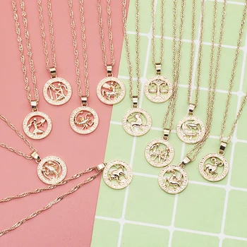 

Necklace with romada pendant for women 12 zodiac signs constellation yellow rose gold filled with necklaces of women in round sh