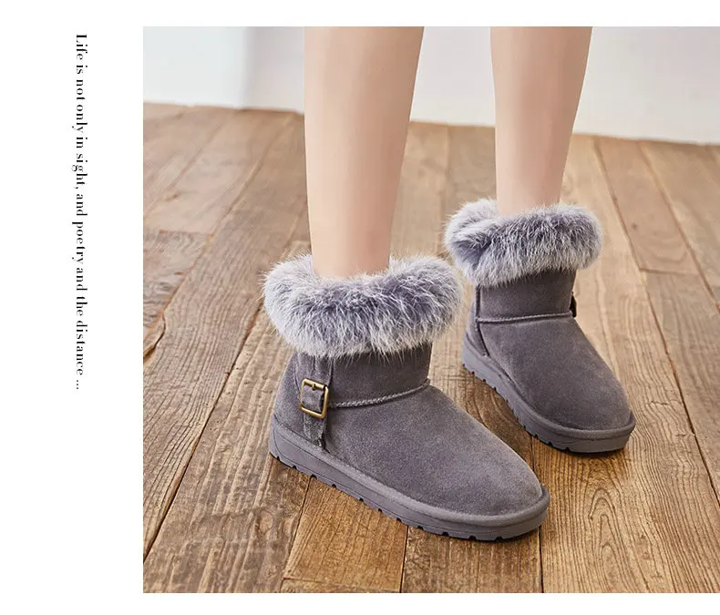 Ankle Genuine Leather Snow Boots Cow Suede Warm Fur Boots Women's Bucket Shoes Cowhide Flat Cotton Shoes