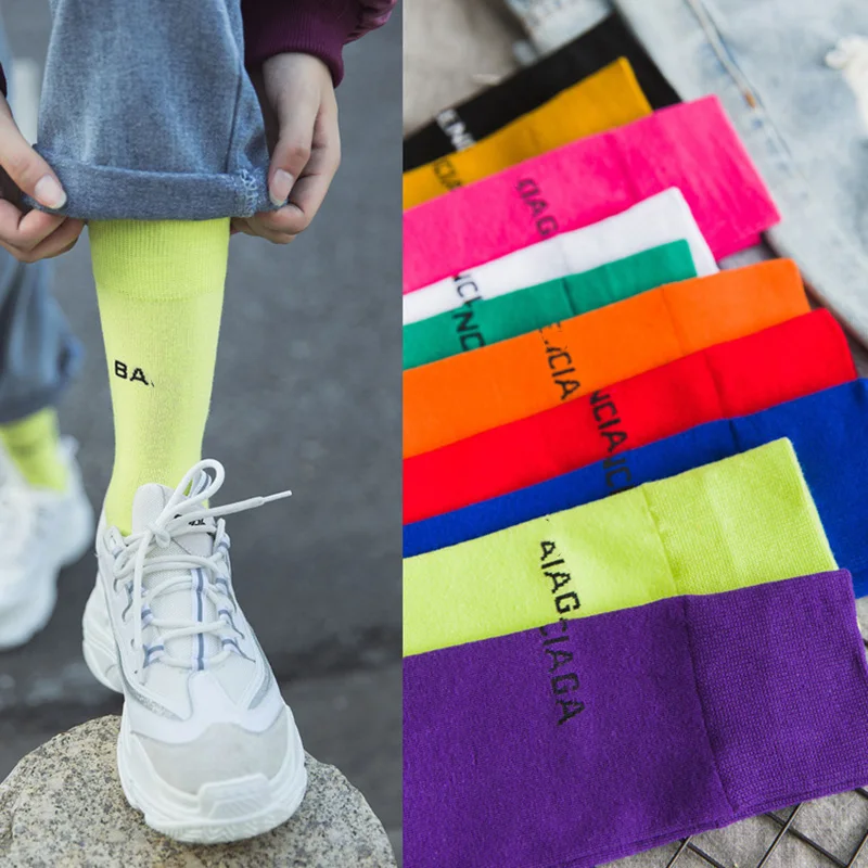 Стильные однотонные Повседневные носки с 10 буквами Harajuku, флуоресцентные зеленые носки без пятки для мужчин и женщин, унисекс, хлопковые зимние носки для девочек 1236