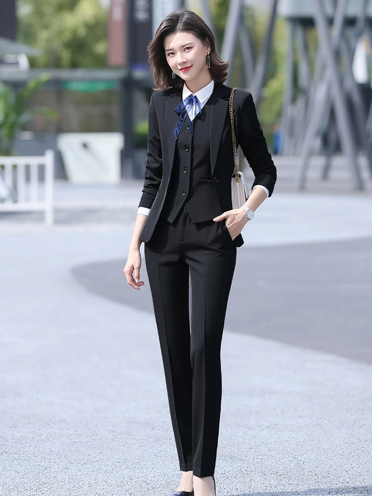 Office Lady 3 Piece Set Women Formal Work Wear Pant Suit Uniform Designs Single Button Black Gray Blazer Jacket Vest and Pant