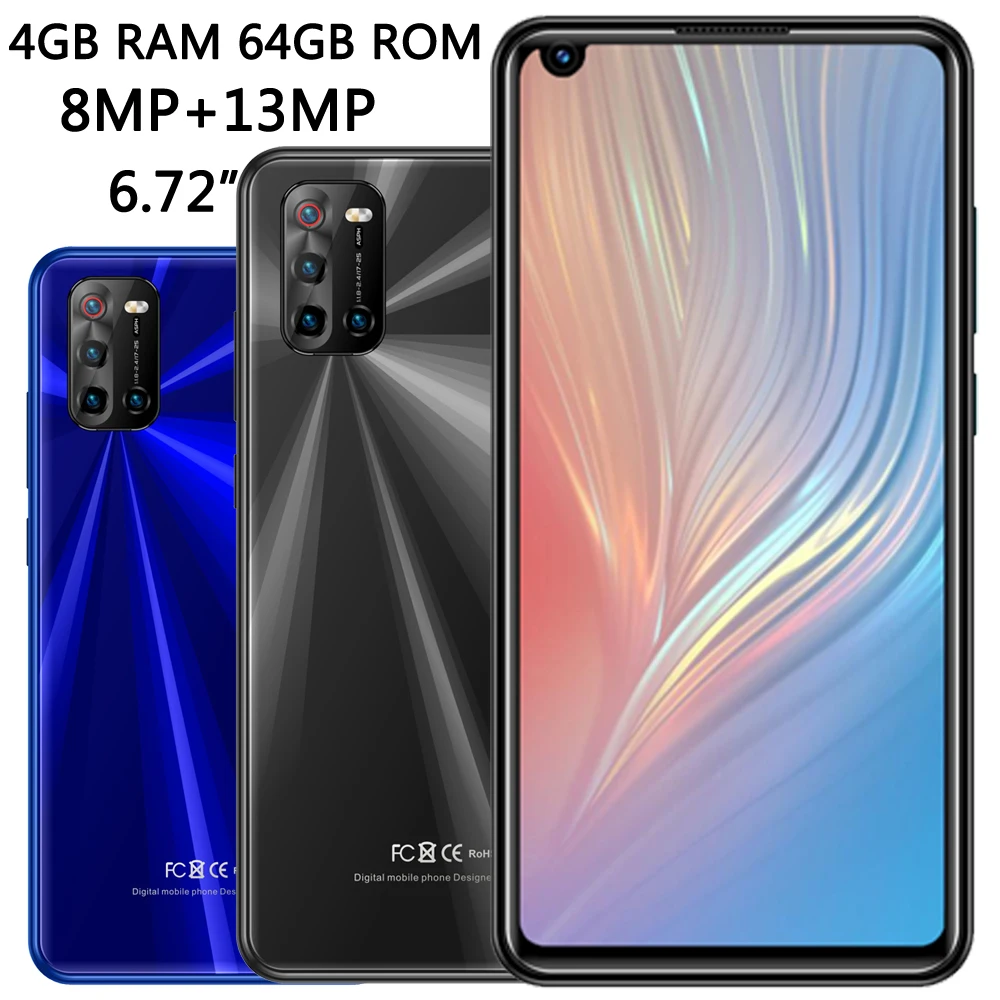 10 LITE 4G RAM + 64G ROM 13MP dört çekirdekli yüz kimliği 6.72 "Android küresel akıllı telefonlar ön/Arka kamera cep telefonları celulares kilidi