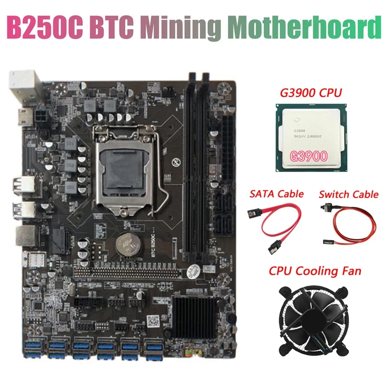 B250C BTC Mining Motherboard with G3900 CPU+Fan+SATA Cable+Switch Cable 12XPCIE to USB3.0 GPU Slot LGA1151 Supports DDR4 | Компьютеры и