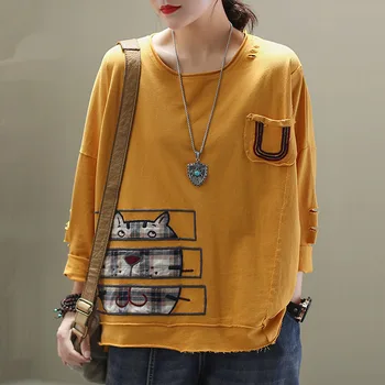 

t shirt Women 2020 Summer Fashion Arts Style Vintage Embroidery Patch Long Sleeve Cotton T-shirt Female Casual Loose Tshirts