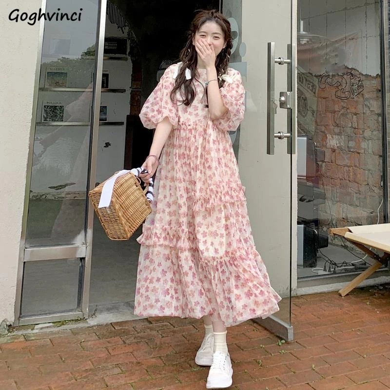 Sweet O-neck Dress Women Half Puff Sleeve Elegant Printed Oversize Dresses Female Ankle-length Fashion Korean Style Temperament dresses to wear to a wedding