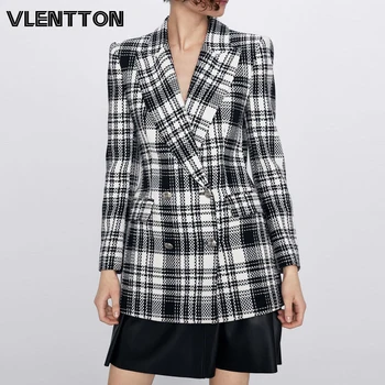 Женские винтажные клетчатые блейзеры и куртки на весну и осень, шикарный пиджак с металлическими пуговицами, женские топы, элегантный офисн...