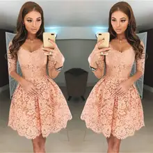 Элегантные платья для выпускного вечера трапециевидной формы с v-образным вырезом и короткими рукавами, Мини кружевные коктейльные платья