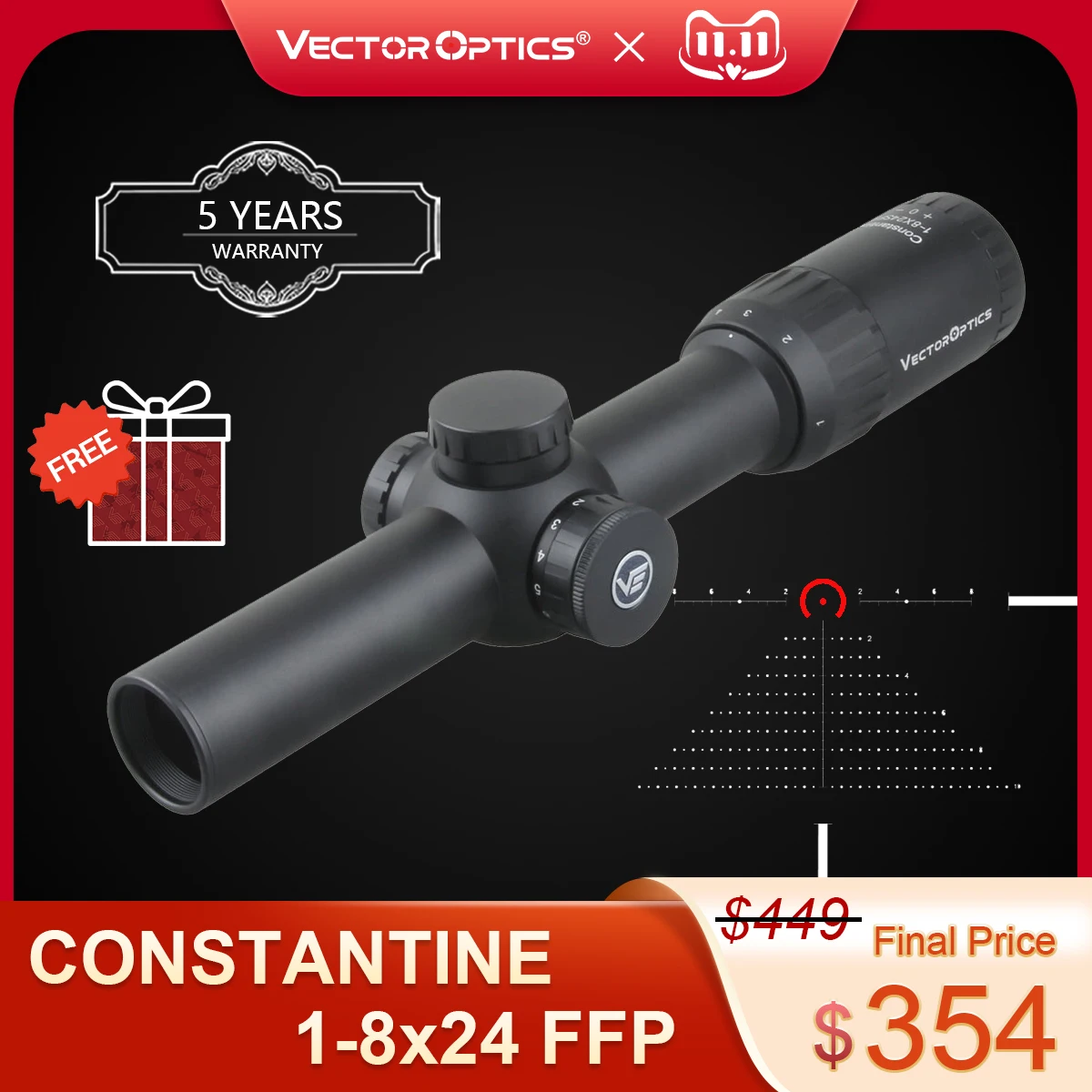Vector Optics Constantine 1-8x24 FFP Riflescope 1/10MIL With IPX6 Illuminated Etched BDC&Wind Reticle Real 1xPower Fit 7.62 5.56