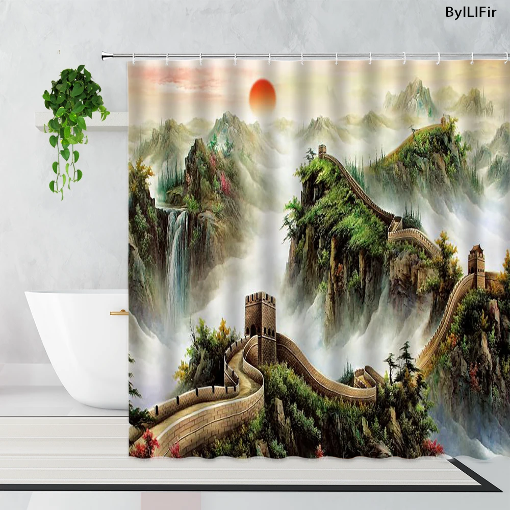 

Chinese Style Scenic Shower Curtains Waterfall Mountain Water Forest Trees Bathroom Bathtub Decoration Waterproof Bath Curtain