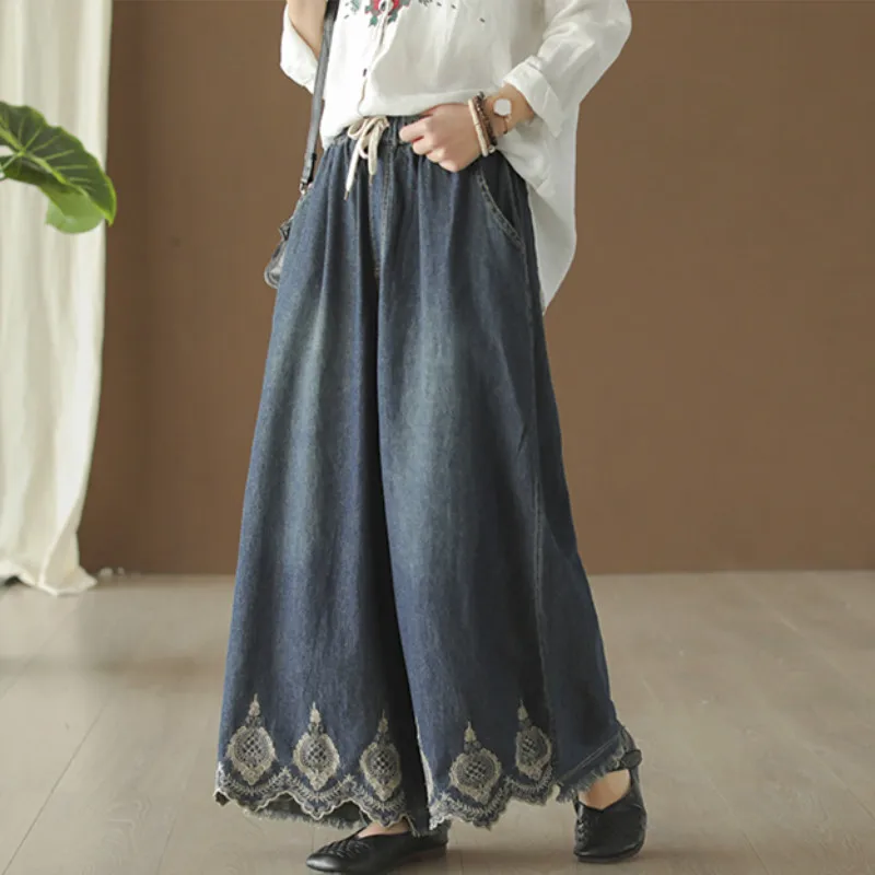 

Casual Cotton Denim Embroidery Wide Leg Pants 2019 Spring New Female Elastic Waist Pockets Blue Women Vintage Pants