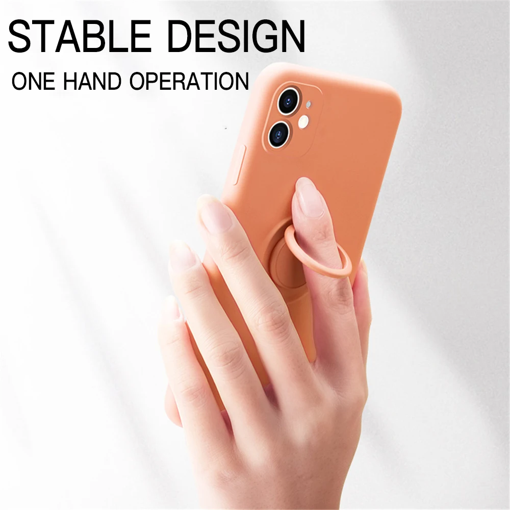 Elegant Liquid Silicone Phone Case with Stand Ring Holder and Hand Strap – Luxury Soft Cover