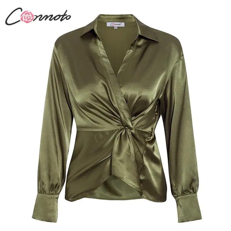 Conmoto green, Осень-зима, блузка, женская, с запахом, сексуальная, атласная, с бантом, блузка, рубашки, Ретро стиль, высокая мода, для клуба, mujer blusas