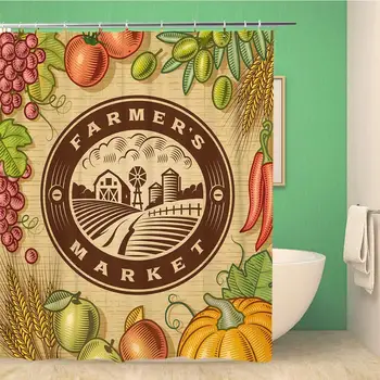 

Bathroom Shower Curtain Vintage Farmers Market Label in Retro Woodcut Clipping Mask Polyester Fabric 66x72 inches Waterproof